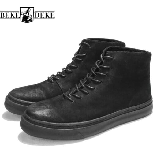 Fashion Men Casual Ankle Boots Top Quality Vintage Cow Leather Boots Lace Up Round Toe Flat Fleece Lining High Top Shoes