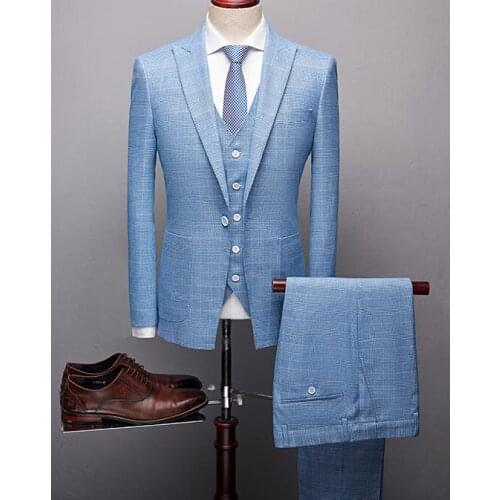 Fashion Blue Boutique High quality Mens Wedding suit Formal Suits 3 Pieces Wedding Groom Tuxedos Prom Slim Fit Light plaid suits