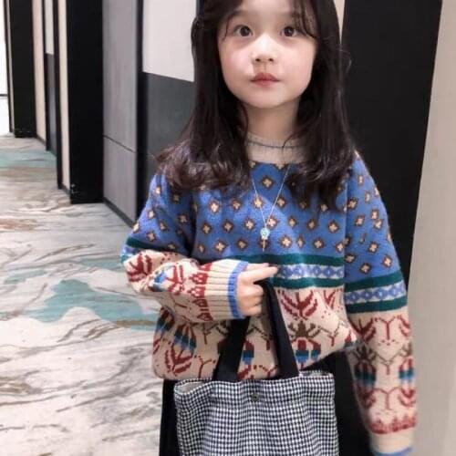 New Spring Winter Girl Retro Jacquard Sweater Childrens Knitted Kids Pullover Warm Long Sleeve Thicken Splicing Turtleneck