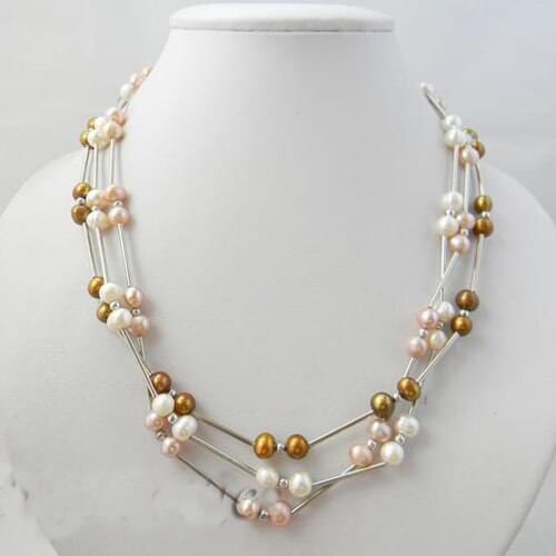 New Arriver Real Pearl Jewellery,3 Rows 4-7mm White Golden Pink Freshwater Pearl Necklace,New Free Shipping