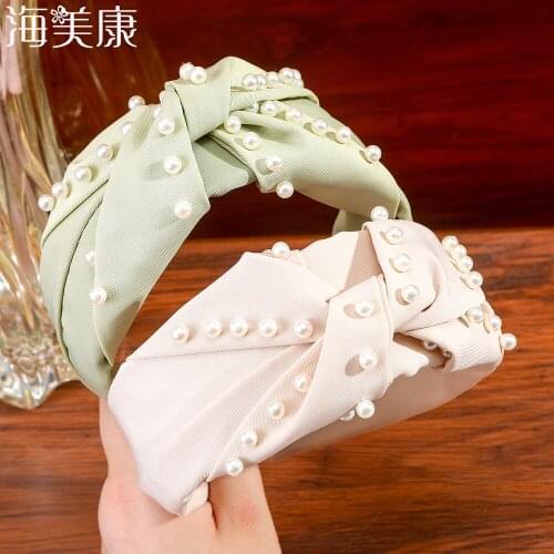 Haimeikang New Fashion Women Hair Accessories Wide Side Headband Pearl Elastic Hairband For Adult Center Knot Hair Hoop Headwear