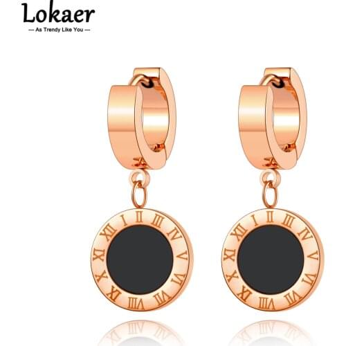 Lokaer Black Single-sided Roman Numerals Simple Round Circle Earrings Titanium Steel Rose Gold Color Female Hoop Earrings E18114