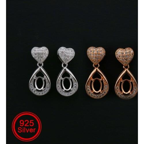 1Pair 4x6MM Oval Studs Earrings Settings Heart Luxury Rose Gold Plated Solid 925 Sterling Silver Bezel DIY Supplies 1706063