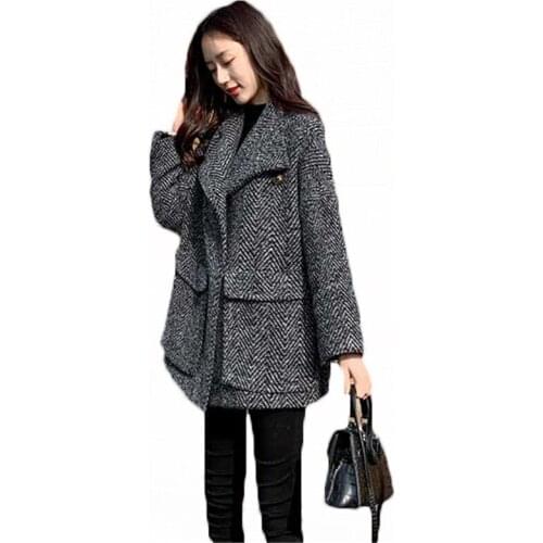 Herringbone Woolen Coat Women Autumn Winter Wool Jackets 2020 New Plaid Loose Mid-length Wool Coats Female Girls Overcoats B711