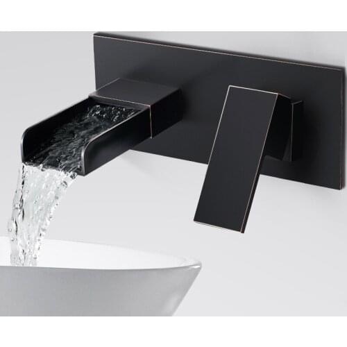 Bathroom Basin Faucet Brass Sink Mixer Tap Hot & Cold Lavatory Waterfall Crane In-Wall Single Handle Black Oil Brushed/Chrome