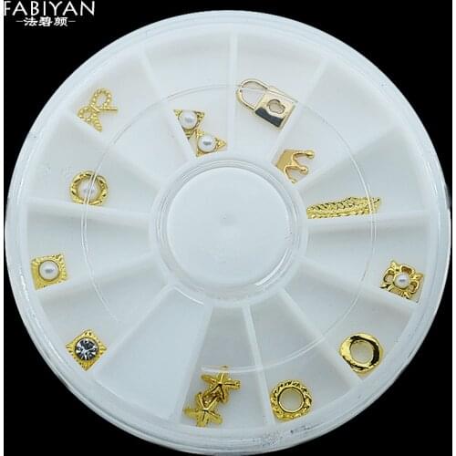 Nail Art Wheel Jewelry Studs Decoration Crown Star Bow Leaves Gold 3D Tips Metal Pearl Alloy Manicure Accessories Tools 12 Style