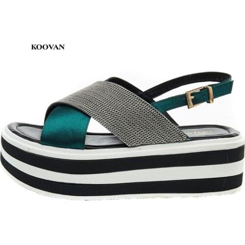 Koovan Womens Cross Sandals Female Summer 2018 New Flat Thick Bottom Hollow Open Toe Sponge 5cm Heel Girls Shoes