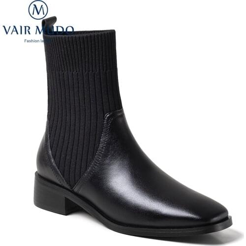 VAIR MUDO Ankle Boots Shoes Women Elegant Fashion Low Heel Comfortable Concise Black Brown High Quality Handmade Boot DX174-C