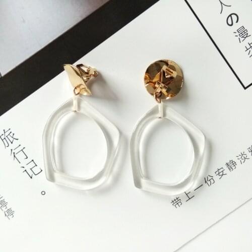 Ladies Dangle Clip On Earrings Hoop Big Clipon Earring Hoops Large Green Transparent Hollow Irregular Korean Jewelry For Women