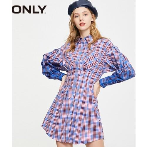 ONLY Women Gradient Color Plaid Long-sleeved Cotton Dress |120107608