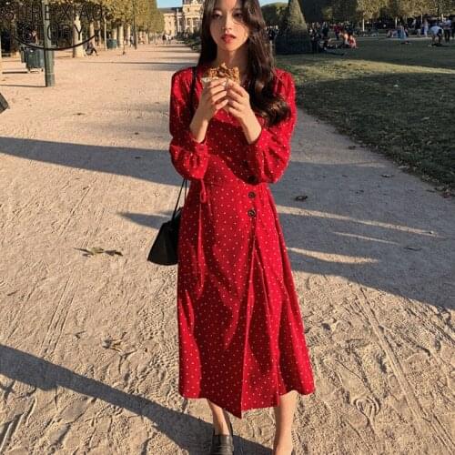 Women Dress Autumn and Winter 2021 Sweet V-neck Lace A-line High Waist Dot Chiffon Long Sleeve Dress Midi Long Dresses 10149