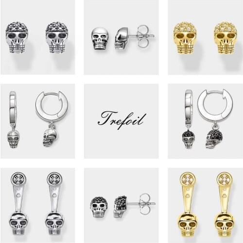 White Skull Pave Creole Stud Earrings,CZ Rhinestone Fashion Jewelry Europe Punk 925 Sterling Silver Gift For Women Men Lover