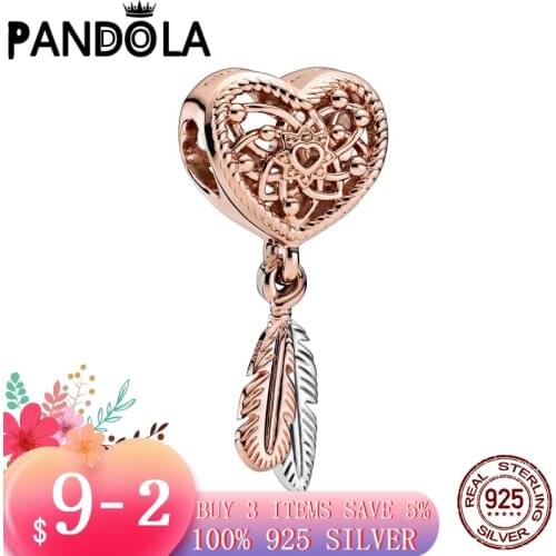 925 Sterling Silver Openwork Heart Two Feathers Dreamcatcher Beads Bracelet Fit Original Pandora Bracelet DIY Jewelry For Women
