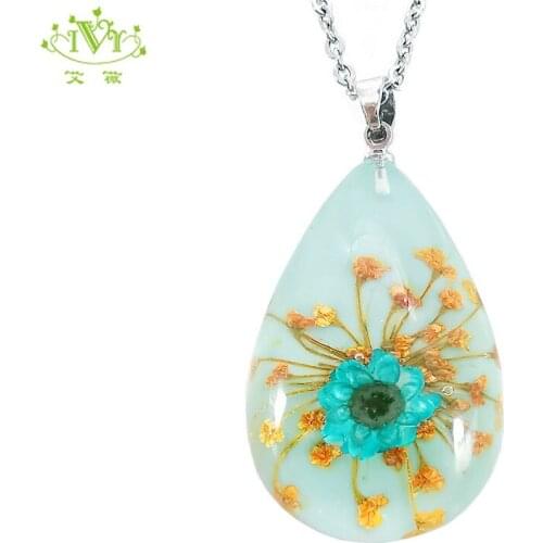 Handmade Boho Transparent Resin Dried Flower Blue Water Drop Pendant Chain Boho Long Statement Crystal Necklaces Summer Jewelry