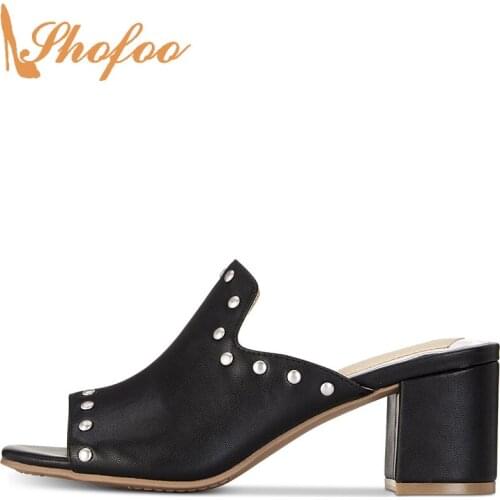 Black High Chunky Heels Sandals Woman Square Toe Rivet Slip On Large Size 14 15 Ladies Summer Fashion Casual Mature Shoes Shofoo