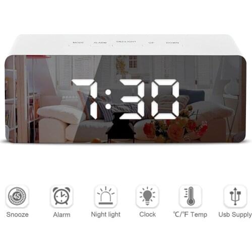 Alarm Clock with Mirror Effect LED Light Digital Alarm Clock Electronic Light Large Time Temperature Display Home Decor Clock