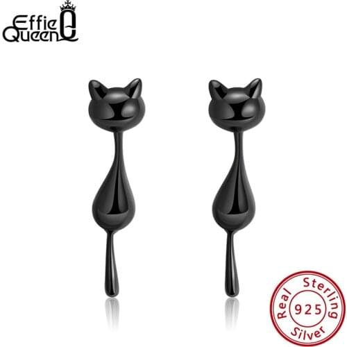 Effie Queen 100% 925 Sterling Silver Drop Earrings For Women Black Gun Plated Lovely Animal Cat Earring Jewelry Party Gift BE90