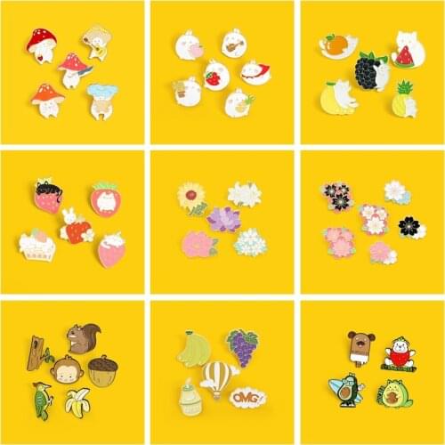 Plant Flowers Fruits Enamel Potted Plant Brooches Sakura Mushroom Pineapple Pin Bag Clothes Lapel Pin Badge Jewelry Gift For Kid
