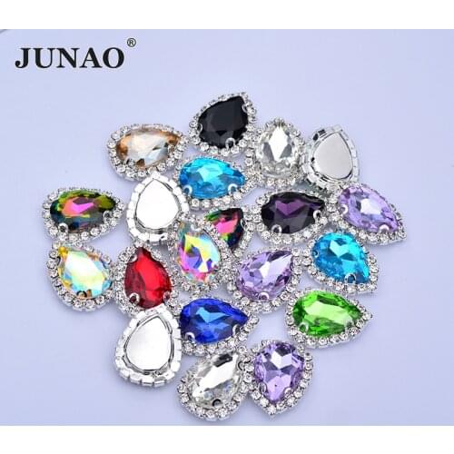 JUNAO 13*18mm Colorful Red Glass Rhinestones Applique Sewing Drop Strass Claw Crystal Sew On Flatback Stones for Dress Crafts