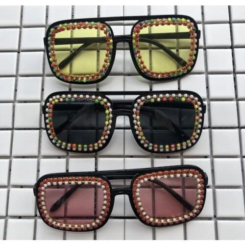 Handmade Square Men Women Sunglasses Rainbow Beads Eyewear Clear Lens Eyeglass Yellow Sun Glasses UV 400 Luxury Gafas