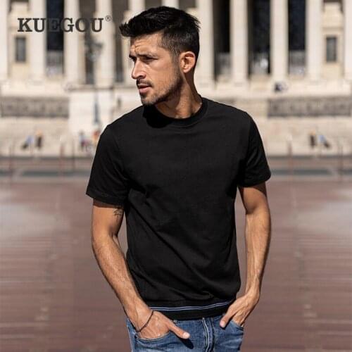 KUEGOU 2021 New Clothing Men T-shirt Short Sleeve 100%Cotton Tee Summer Streetwear Screen Thread Hem Tshirt Top Plus Size 8967