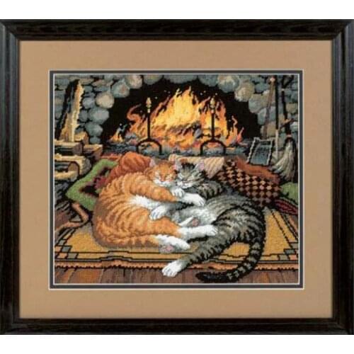 Counted Cross Stitch Kit All Burned Out Two Cats Sleeping by the Fire Fireplace Grate Kitten Kitties Cat dim 20007