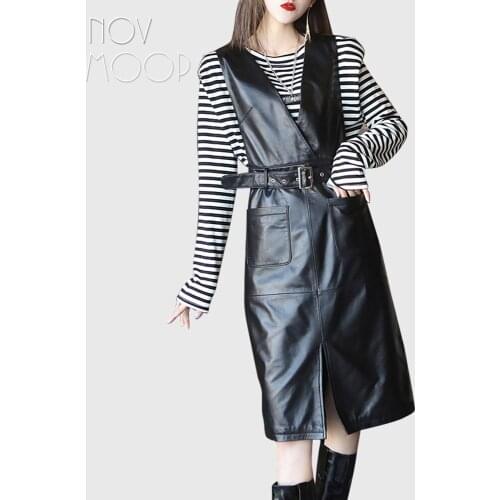 Novmoop genuine leather women strip dress belt decor split front french elegant style office lady Robe en cuir LT3459