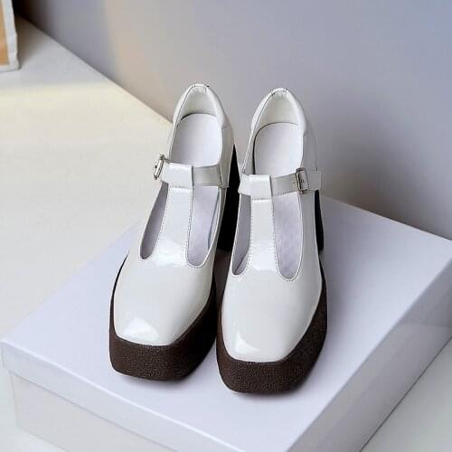 New classic T-strap brand patent leather square high heels platform wedges black white shoes woman dress party office lady shoes