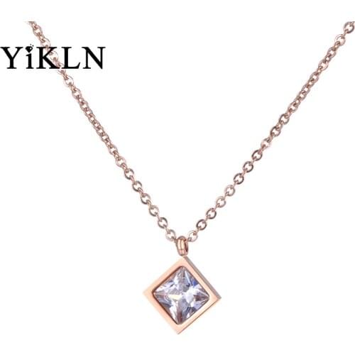 YiKLN Titanium Stainless Steel Trendy Pendant Necklaces Bling AAA Square CZ Crystal Choker Necklace Jewelry For Women YN18268