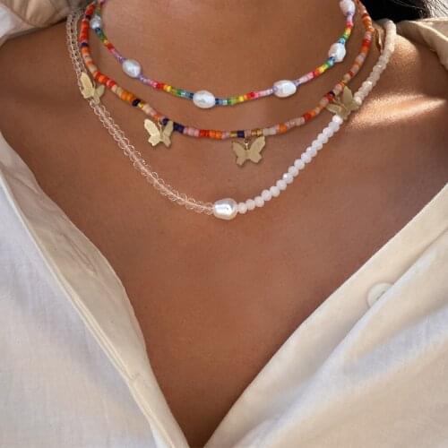 Boho Butterfly Beads Necklace for Women Flower Heart Pearl Beaded Short Choker Necklace Handmade Female Jewelry Gift