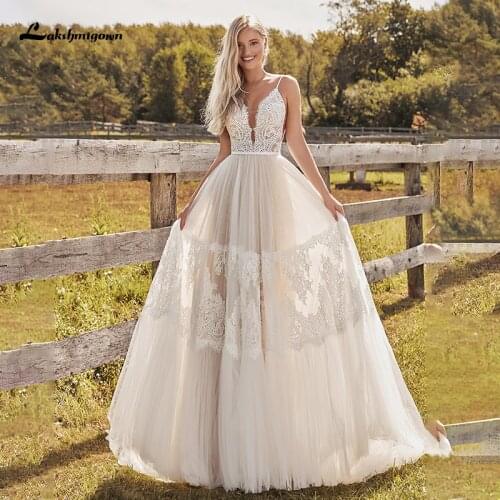 Beach Lace A Line Wedding Dresses with Spaghetti Straps Backless V Neck Robe Mariee Boho Tulle Bridal Gowns Vestido De Noiva