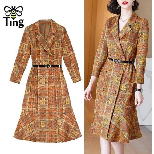Tingfly Vintage Elegant Office Stylish Winter Autumn Fashion Work Midi Dress Retro Printing Suede Vestidos Trendy Clothing Zaful