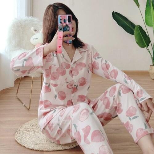 Spring and Autumn Ladies Fashion Cotton Cardigan Long-sleeved Trousers Suit Fruit Cute Home Service Suit Autumn and Winter