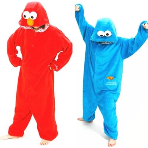 Adults Flannel Kigurumi COOKIE MONSTER & ELMO Cosplay Costume Women or Men Onesies Pajamas