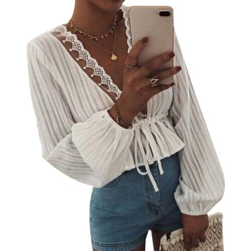 Women Deep V-neck Blouse White Lace Splice Drawstrings Lace-up Blouse Fall Office Lady Blouses For Women Tops 2019 Female Shirts