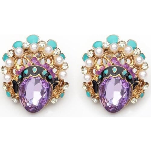 New Fashion Simulated Pearls Pendientes Bijoux Chinese opera mask Crystal Stud Earrings For Women Wedding Jewelry Brincos