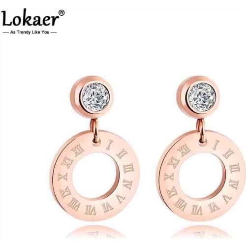 Lokaer Trendy Titanium Steel Rose Gold Color Roman Numeral Drop Earrings Hollow Round Crystal Female Earrings Jewelry E17078