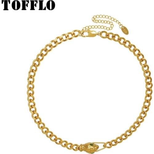 TOFFLO Stainless Steel Jewelry Snake Head Green Zircon Necklace Bracelet Womens Fashion Collar Bracelet BSP1049-BSE248