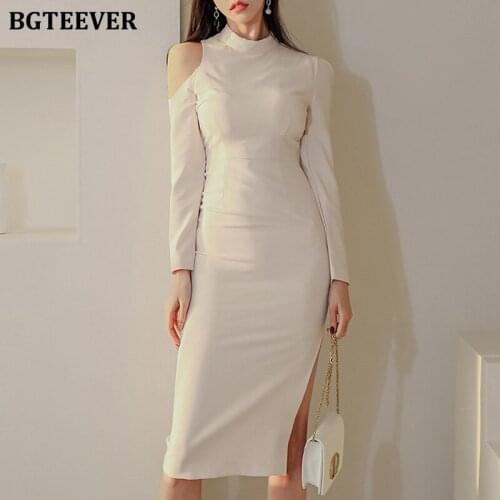 BGTEEVER Chic Ladies Stand Collar Women Off-the-Shoulder Bodycon Dress Elegant Full Sleeve Side Split Female Pencil Vestidos