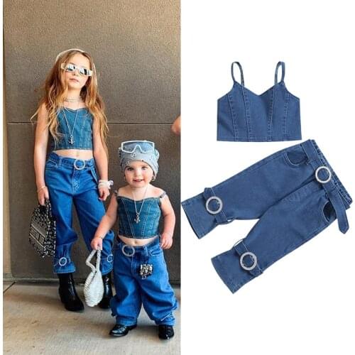 1-5Years Girls Summer Clothing Sets Fashion Toddler Kids Girls Spaghetti Strap Denim Tank Tops+Belt Long Pants Jeans Outfits