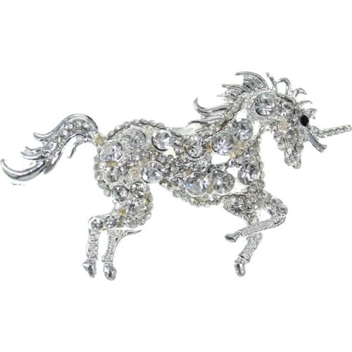 100pcs/ 58mm Wedding Party Jewelry Silver Tone Pretty Unicorn Horse AnimalBrooches Clear Rhinestone Crystal Pin Brooch