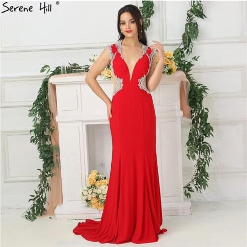2020 Red Deep V-Neck Sexy Evening Dresses Beading Sleeveless Bride Toasting Evening Gowns Serene Hill LA6680