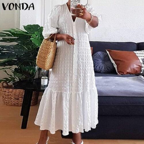 VONDA 2021 Women Shirt Dress Casual Half Sleeve V Neck Button Down Party Pleated Long Dresses Bohemian Vestidos Plus Size 5XL