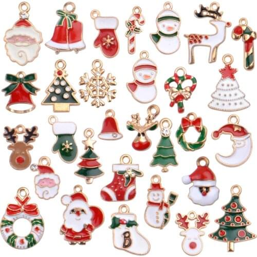 30 Pieces Gold Plated Enamel Christmas Tree Santa Claus Snowflake Socks Charms Metal Pendant for Jewelry Making Bracelet Earring