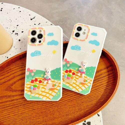 3D Cartoon Rabbit Picnic Food Phone Case for iphone 11 12Pro Max XR 7 8Plus Korea ins Cute Sunny Day Shockproof Soft TPU Cover