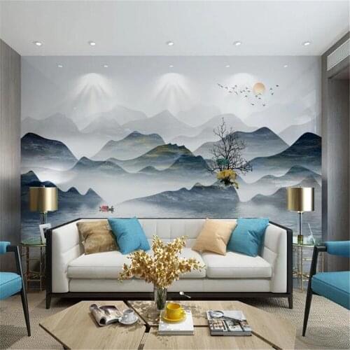 Milofi customized 3D printing wallpaper mural new Chinese hand-painted artistic conception ink landscape TV background wall