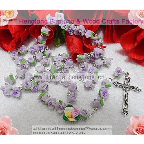 4pcs/set Handmade catholic Rosary necklace beautiful violet Soft Cerami beads rose rosary catholic crucifix Necklace free ship