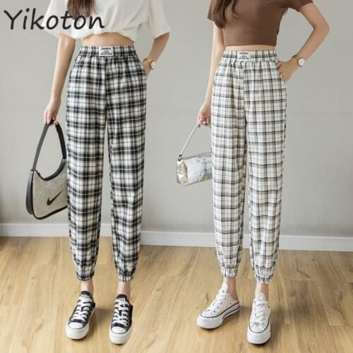 Fashion New 2021 Summer Autumn Women Black Plaid Pants Harajuku Elastic Waist Female Cropped Trousers Long Streetwear Harem Pant