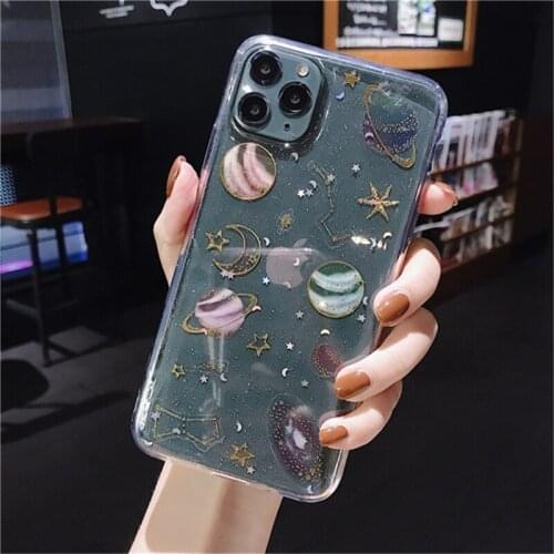 Glitter Cute Space Planet Clear Phone Case For iPhone 12 11 Pro MAX Mini XS XR X 7 8 Plus SE 2020 Soft Epoxy TPU Back Cover