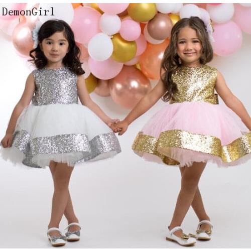 Kids Glitter Sequin Celebrity Dresses Sequined Bow Tulle Flower Girls Dresses Shiny Kid Birthday Dress New 2021